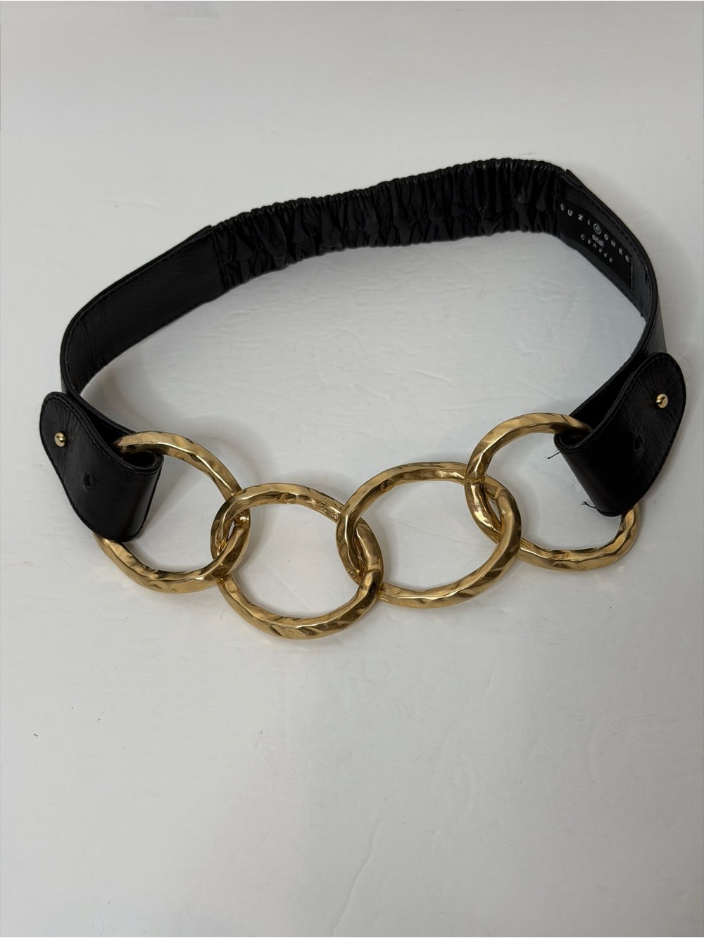 Suzi Roher Stretch Waist Leather Belt Black Gold Linked Rings - Size S